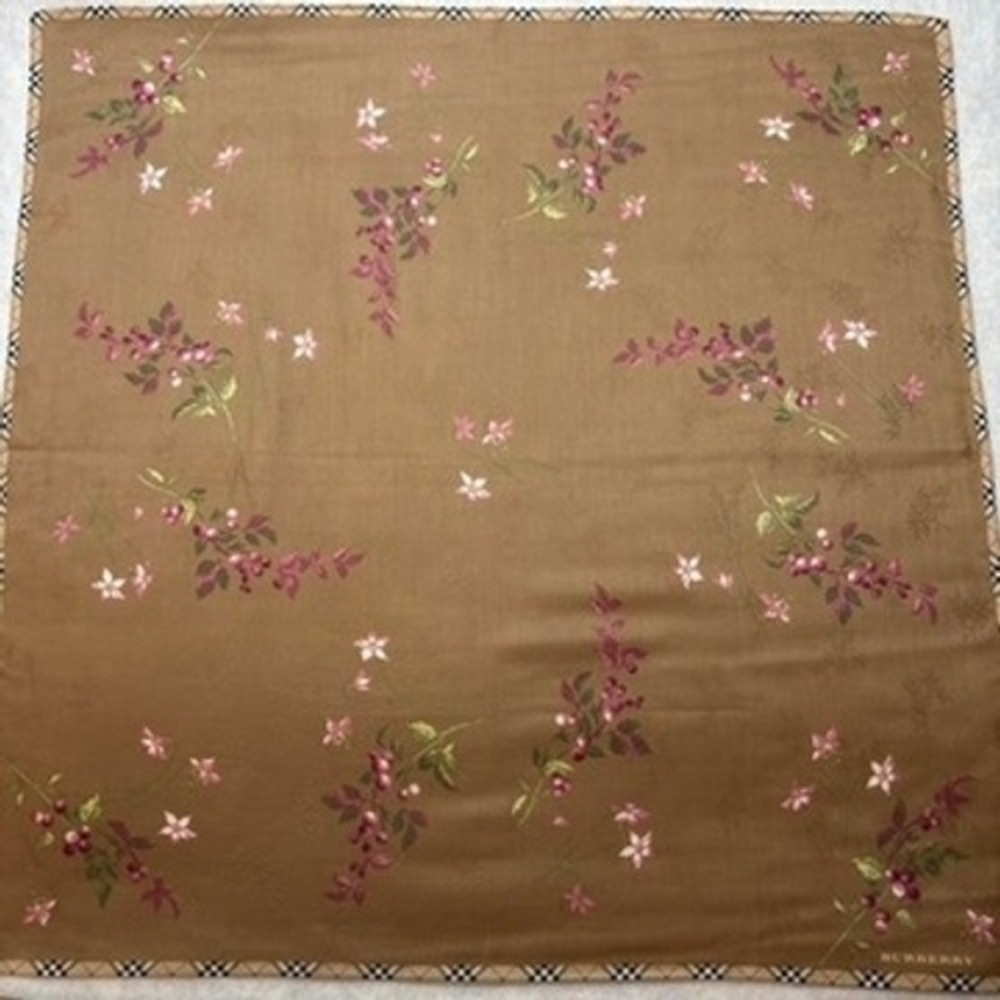 Vtg BURBERRY Scarf Handkerchief Floral Vine Cotton Brown 20x20